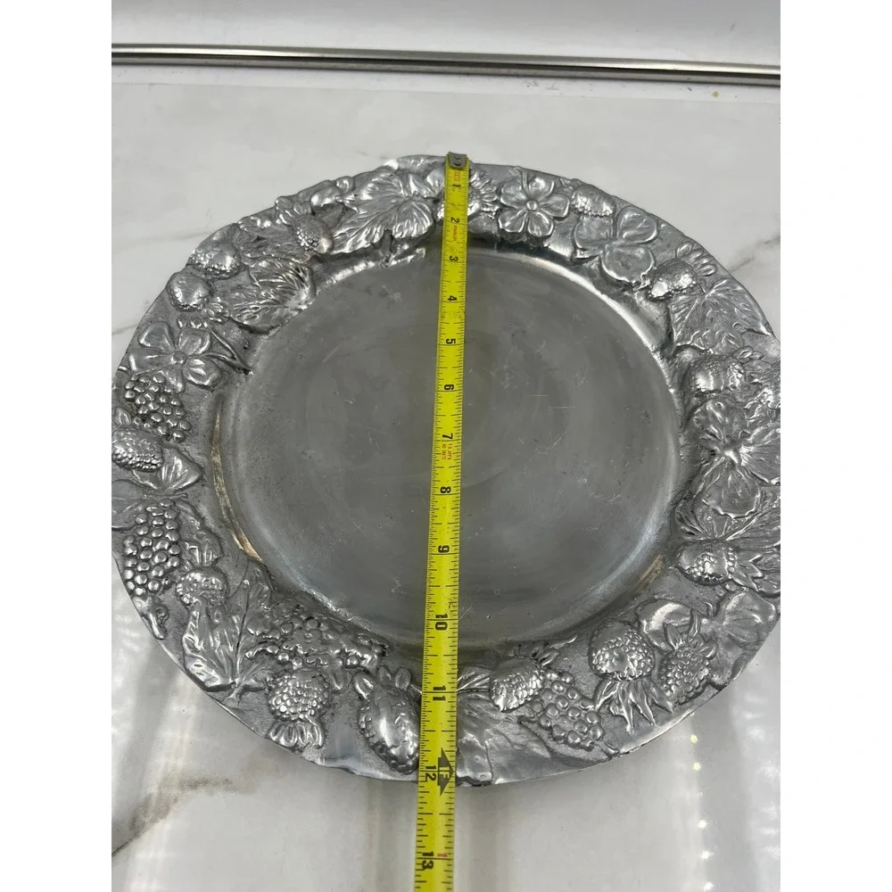 VTG Serving Platter Embossed Strawberries Floral Pewter Style Metal Charger 11.5